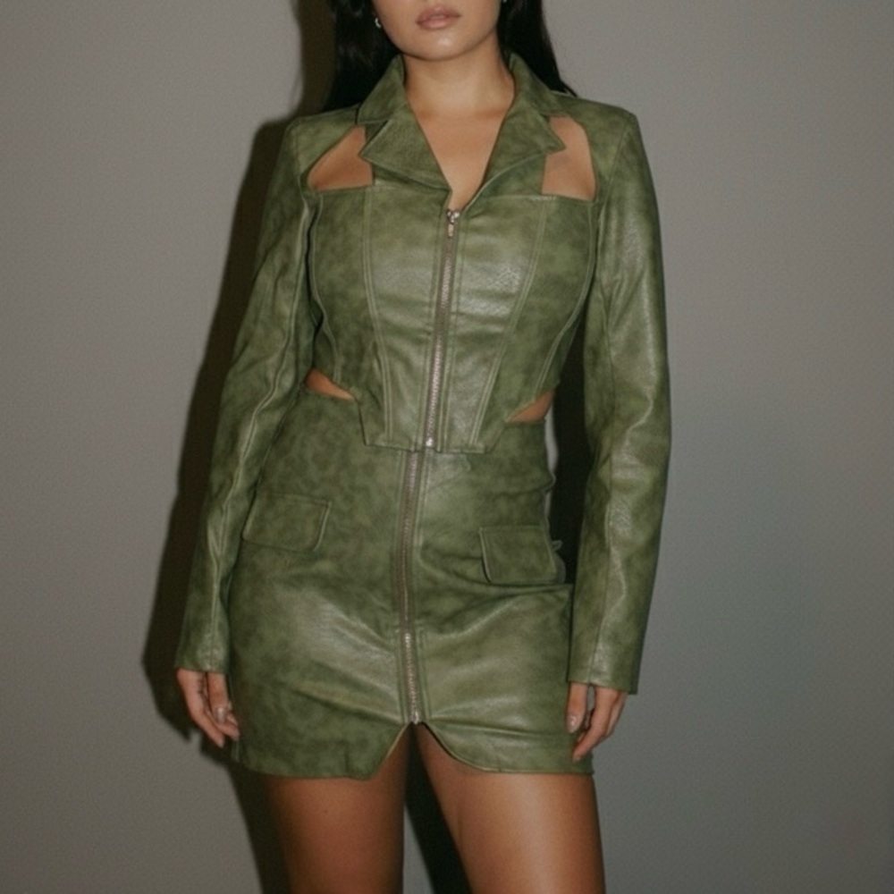 Green Cutout Leather Jacket Set